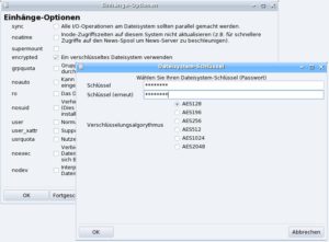Abbildung 5: Unter den zahlreichen Optionen findet sich auch der Punkt "encrypted", über den Sie bei Mandriva die Verschlüsselung aktivieren – es erscheint dann gleich ein neuer Dialog für Passworteingabe und Auswahl der Verschlüsselungsstärke.