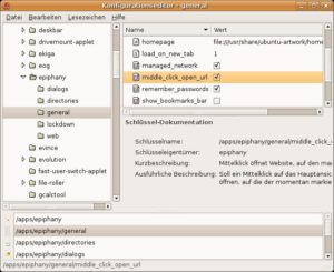 Abbildung 5: Der Konfigurationseditor zeigt die GConf-Struktur an. Mit diesem Konfigurationssystem verwalten Gnome und seine Anwendungen ihre Einstellungen.