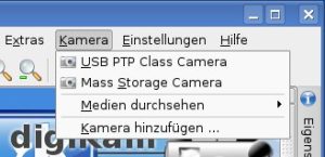 Abbildung 5: Linux-Programme (hier Digikam) sprechen Digitalkameras entweder als USB-Massenspeicher oder über das PTP-Protokoll an.
