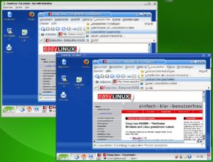 Abbildung 6: Virtuelle Maschinen von einem anderen Rechner aus zu kontrollieren, erlauben beide PC-Emulatoren – hier VirtualBox und ein "rdesktop"-Fenster auf demselben Desktop.