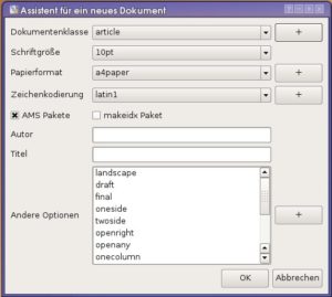 Abbildung 6: Texmaker assistiert bei Routineaufgaben wie dem Festlegen des Dokumententyps.
