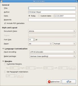 Abbildung 6: Der reichhaltige und übersichtliche Start-Assistent des Gedit-LaTeX-Plugins.