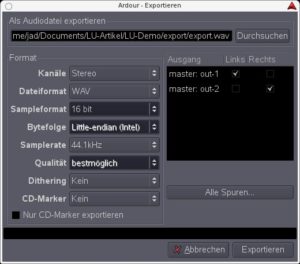 Abbildung 6: Vergessen Sie beim Exportieren aus Ardour2 nicht das Häkchen bei     <code srcset=