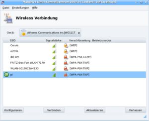 Abbildung 6: Mandrivas integriertes WLAN-Konfigurationstool Drakroam findet nicht nur das eigene Netz, sondern auch die Netze der Nachbarschaft und ermittelt die Art der Verschlüsselung.