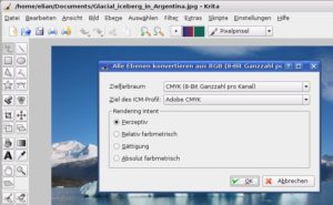 Abbildung 6: Krita kann etwas, was Gimp nicht kann: Für den Profidruck konvertieren Sie Bilder mit dem KDE-Bildbearbeiter ins CMYK-Format.