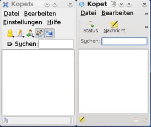 Abbildung 6: Das neue Kopete (rechts) startet mit der gleichen Fenstergröße wie der Vorgänger. Dadurch fehlen einige Menüpunkte und ein Teil der Werkzeugleiste.