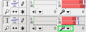 Abbildung 6: Zwei Aussteuerungsanzeigen von Audacity. Die obere Aufnahme können Sie wegwerfen, weil das Eingangsignal zu stark war, die untere Aufnahme ist brauchbar, könnte allerdings noch einen Tick lauter sein.