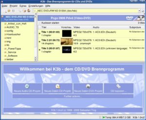 Abbildung 6: In der neuesten Entwicklerversion liest auch K3b DVD-Filme aus und wandelt diese in das MPEG4-Format um.
