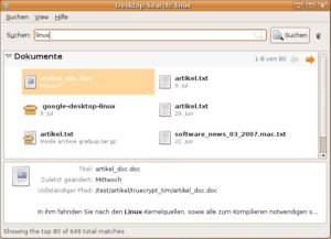 Abbildung 7: Bei der Anzeige der Treffer zeigt sich Beagle reichlich zugeknöpft: Eine Zeile muss reichen, um das Dokument zu identifizieren. Dafür indiziert das Programm auch Dokumente im RTF- und DOC-Format.