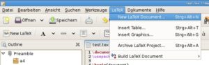 Abbildung 7: Das LaTeX-Plugin erweitert Gedit um ein zusätzliches LaTeX-Menü.