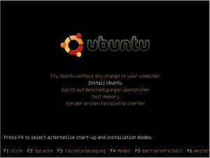 Abbildung 7: Das Startmenü der Installations-CD bietet in der neuen Ubuntu-Version teilweise auch deutschsprachige Beschriftungen. Wer sich die Ladezeit für den vollständigen Gnome-Desktop sparen möchte, gelangt direkt in die Installationsroutine.