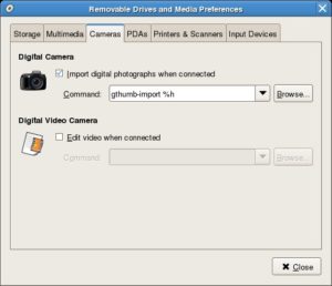 Abbildung 7: Im Tool Gnome-volume-properties legen Sie das Verhalten für den Gnome-volume-manager so fest, dass dieser Gthumb-import startet, sobald Sie eine Digitalkamera anschließen.