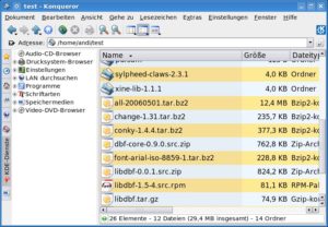 Abbildung 7: Die Naviagationsleiste des Konqueror befindet sich am linken Fensterrand und bietet u. a. Zugriff auf KDE-Dienste, Bookmarks und den Verlauf.