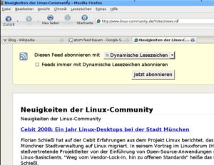 Abbildung 7: Über einen Klick mit der Maus auf das RSS-Icon in der Adressleiste, lässt sich der RSS-Feed einer Webseite recht bequem abonnieren.