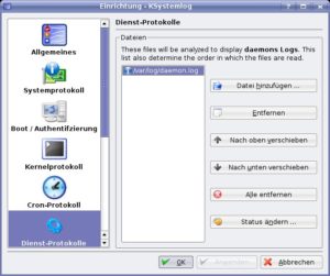 Abbildung 8: Zu Protokoll gegeben: Über den Einrichtungsdialog von KSystemlog wählen Sie die Logdateien, die das Programm zusätzlich angezeigen soll.