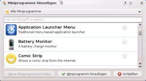 Abbildung 8: Ein kleines Fenster präsentiert Ihnen eine Liste mit verfügbaren Widgets. Die ziehen Sie auf den Desktop oder in die Fußleiste.