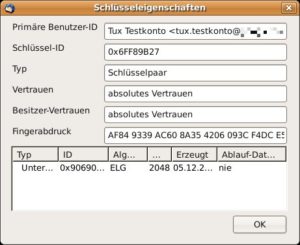 Abbildung 8: Der Menüpunkt »OpenPGP« | »Schlüssel verwalten...« offenbart die Eigenschaften des Schlüssels mitsamt seinem Fingerabdruck.
