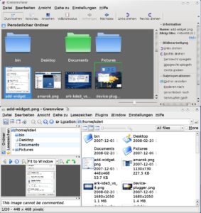 Abbildung 8: Das neue Gwenview (oben) wirkt deutlich aufgeräumter und farbenfroher, bringt aber trotzdem sehr viele Funktionen mit.
