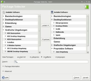 Abbildung 9: YaST gibt es nun auch im Look-And-Feel von Gnome-Programmen. Das Modul zum Installieren und Entfernen von Programmen unterscheidet sich dabei grundlegend vom Qt-Pendant.