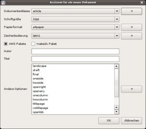 Abbildung 9: Der Start-Assistent von Texmaker bietet alle wichtigen LaTeX-Optionen.