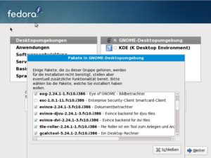 Abbildung 1: Während der Installation lässt Fedora Ihnen die Wahl zwischen Gnome und KDE und bietet die Möglichkeit, einzelne Pakete ab- oder anzuschalten.