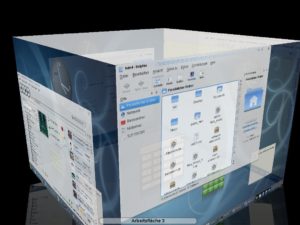 Abbildung 1: Seit Version 4.1 bringt KDE von Haus aus einen Würfel-Effekt mit, Compiz benötigen Sie dazu nicht.