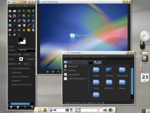 Abbildung 1: Elegant, aber schlecht lesbar – der Enlightenment-Desktop mit schwarzem Fensterhintergrund bei Maryan Linux 1.