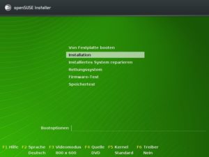 Abbildung 1: Über dieses Boot-Menü starten Sie die Installation von OpenSuse. Wählen Sie nichts aus, fährt der Rechner normal von der Festplatte hoch.