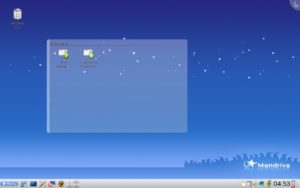 Abbildung 1: Der aufgeräumte KDE-4.1.2-Desktop von Mandriva 2009 zeigt über ein Plasmoid den Inhalt des Desktop-Verzeichnisses an.