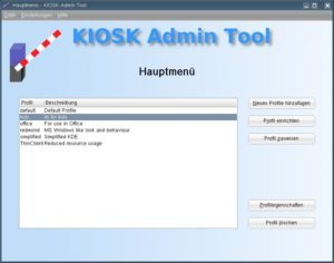 Abbildung 1: Der spartanische Startbildschirm des KDE-Kiosktools zeigt eine Auswahl an vorkonfigurierten Profilen an.