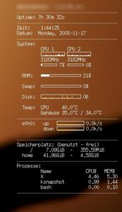Abbildung 2: Transparenz und Eleganz: Unter Fluxbox wird Conky direkt auf das Root-Fenster gezeichnet. So bildet der Systemmonitor einen Teil des Desktops und wirkt weniger störend.