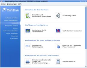 Abbildung 2: Das Mandriva-Kontrollzentrum fasst die Systemverwaltungsprogramme übersichtlich zusammen.