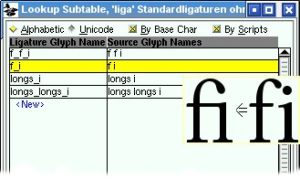 Abbildung 3: Dieser Ausschnitt aus der GSUB-Tabelle weist Applikationen an, die fi-Ligatur einzusetzen, wo immer die Buchstabenfolge "fi" auftritt. Gleiches gilt für "ffi" sowie die Ligaturen aus langem "s" und "i".