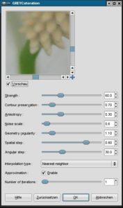 Abbildung 3: Das Greycstoration-Plugin für Gimp leistet zwar gute Arbeit, jedoch fällt aber durch extrem lange Verarbeitungszeiten aus dem Rahmen.