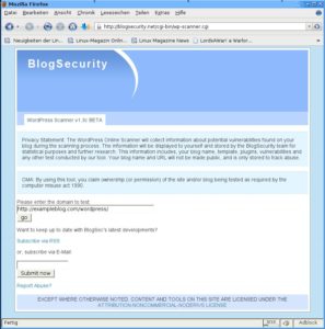 Abbildung 4: Die Sicherheit Ihres Blogs lässt sich auch ganz bequem mit Hilfe der Online-Version des WP-Scanners überprüfen.