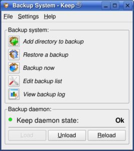 Abbildung 1: Das Hauptfenster von Keep mit den Knöpfen zum Einrichten und Starten von Backups. Die grüne LED zeigt an, dass der Keep-Daemon aktiv ist.