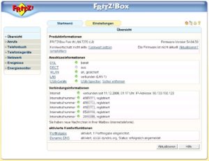 Abbildung 1: Alles Wichtige auf einen Blick: Auf der Startseite informiert die Fritz!Box über den aktuellen Status. Sie sehen auch Ihre IP-Adresse und Hinweise zu registierten VoIP-Rufnummern.