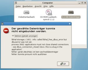 Abbildung 2: Kein Anschluss unter dieser Nummer: Debian erkennt eine NTFS-Partition fälschlicherweise als Wechseldatenträger und verweigert das Einhängen des Geräts. Auch der Versuch, es manuell zu mounten, scheiterte.