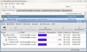 Abbildung 3: KGPG (unten) zeigt sehr schön, dass sich innerhalb des 1024-Bit-DSA-Schlüssels noch ein mit 4096-Bit gesicherter El-Gamal-Key verbirgt. Im Hintergrund (oben) die Schlüsselanzeige von Seahorse.