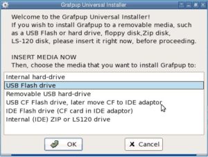 Abbildung 3: Der Installer zum Einrichten der Distribution bietet mehrere Datenträgertypen zur Auswahl. Im Test misslang jedoch das Einrichten auf einem USB-Stick.