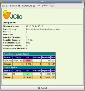 Abbildung 3: Die ausführliche Berichtsfunktion von Jclic gibt Auskunft über den erzielten Lernerfolg.