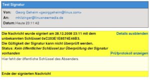 Abbildung 5: Mangels öffentlichen Schlüssels schafft es KMail nicht, die Echtheit der Signatur zu überprüfen.