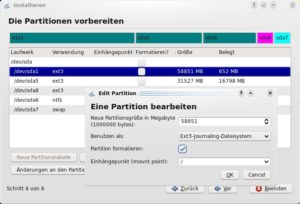 Abbildung 6: Partitionieren Sie Ihre Festplatte "manuell", können Sie eine Partition auswählen und Sie nach einem Mausklick bearbeiten.