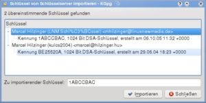 Abbildung 6: Über den Schlüsselserver-Dialog von KGPG importieren Sie öffentliche Schlüssel.