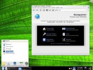 KDE 4.0 RC 2 mit neuem Start-Design, Konqueror und dem endlich finalen Kickoff-Startmenü.
