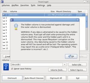 Truecrypt 6 unterstützt versteckte Datencontainer, die sich innerhalb eines normalen Truecrypt-Volumes verbergen. Beim Zugriff auf den umgebenden Container muss man die "Hidden Volumes" vor versehentlichem Überschreiben schützen.