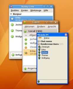 Abbildung 1: Pidgin, Gajim und Miranda als "kopflose" Chat-Clients im lokalen Netzwerk.