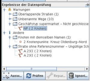 Abbildung 3: Von JOSM gefundene Probleme.