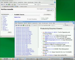 Abbildung 1: Im Hintergrund läuft das schnell installierte Moodle-System, vorne zeigt Konqueror eine Auswahl der mit YiPI zur Verfügung stehenden Pakete an.