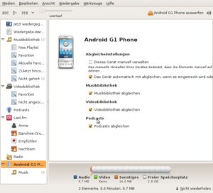 Abbildung 2: Banshee synchronisiert auch problemlos Dateien mit dem G1 von T-Mobile, das Googles Android-Betriebssystem nutzt.